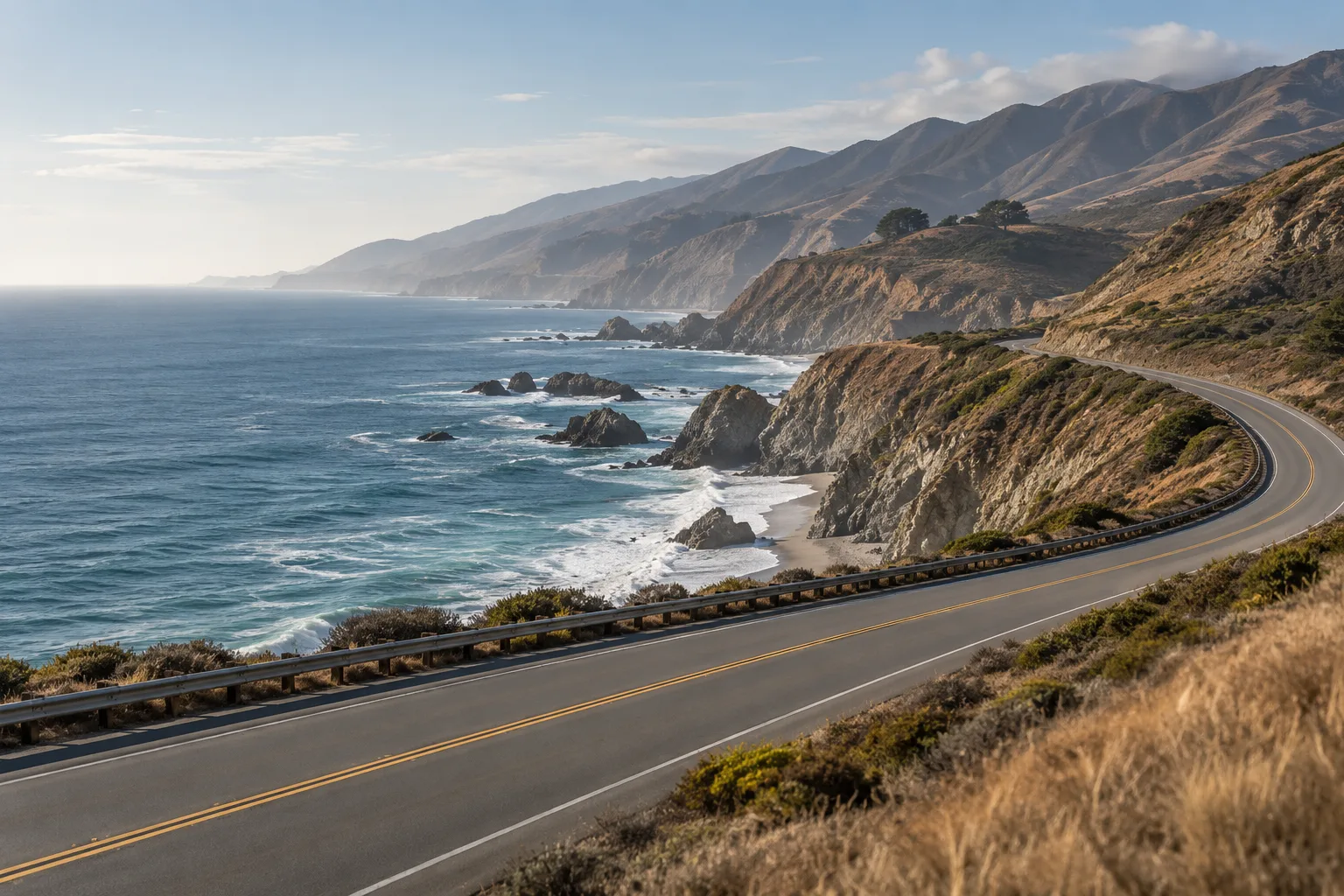 Concept illustration of a coastal road winding between California hills and the ocean